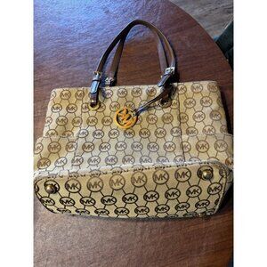 Michael Kors Signature Brown Monogram Tote Bag With Gold MK Charm & Leather Hand